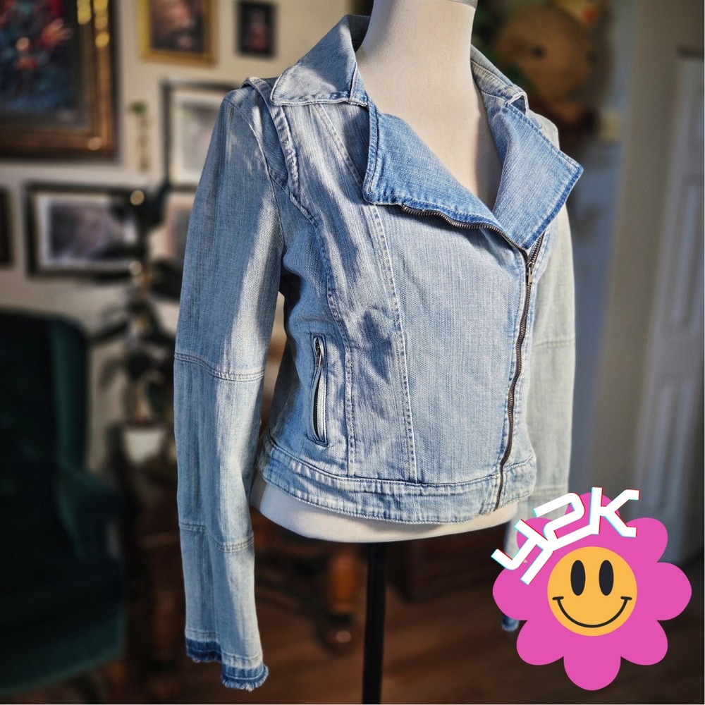 Guess Denim Jacket Vintage Y2K Light Wash Asymmetrical Zip Moto Biker Womens L